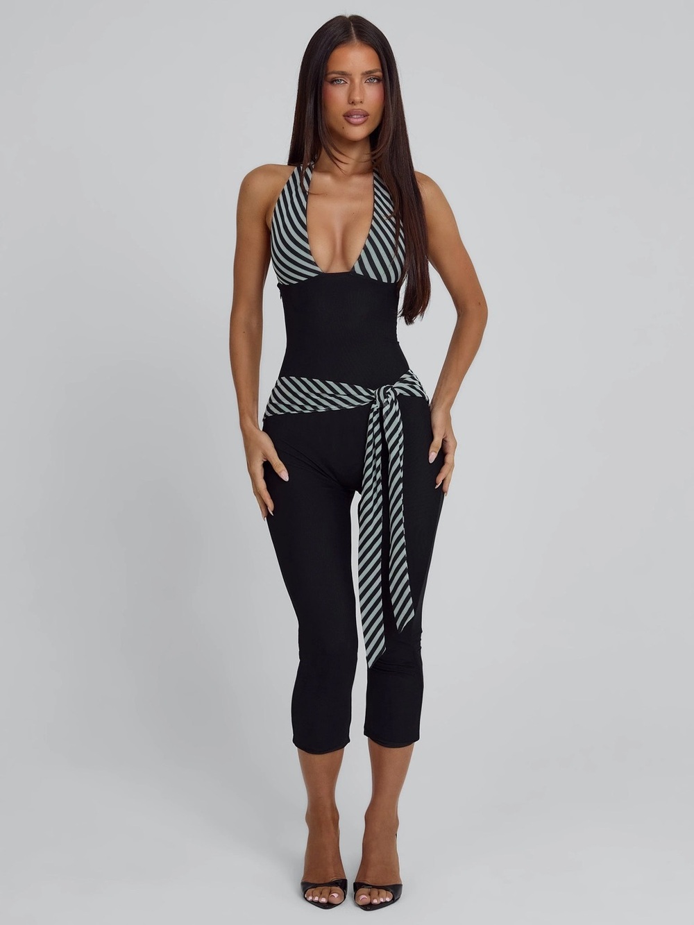 Outcast Striped Halter-Neck Black Jumpsuit with Sash